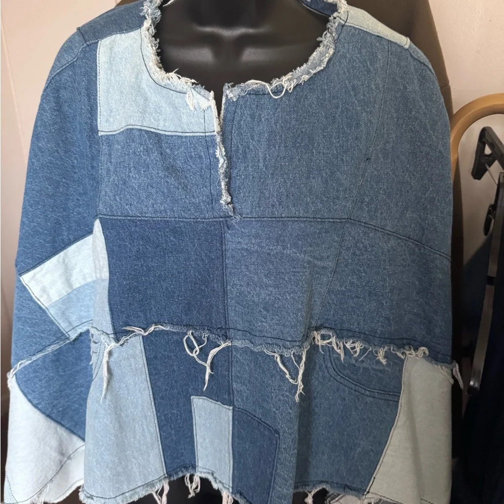 AKIRA Blue Patchwork Denim Poncho Top - Picture 1 of 4